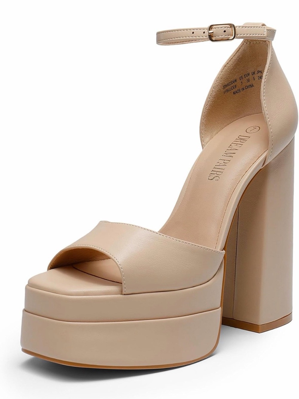 Dream Pairs Beige Nude Platform Ankle-Strap Block Heels